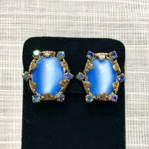 Vintage Oval Blue Moon Glow Cabochon Earrings